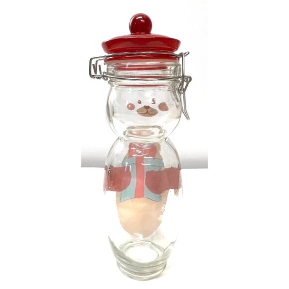 Vintage Bear-Shaped Glass Jar With Red Lid & Metal Clamp Closure For Kitchen Sto - Picture 2 of 4